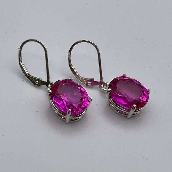 BEAUTIFUL 10ctw Oval Cut Bright Pink Sapphire Earrings in Sterling Silver - Picture 2 of 7